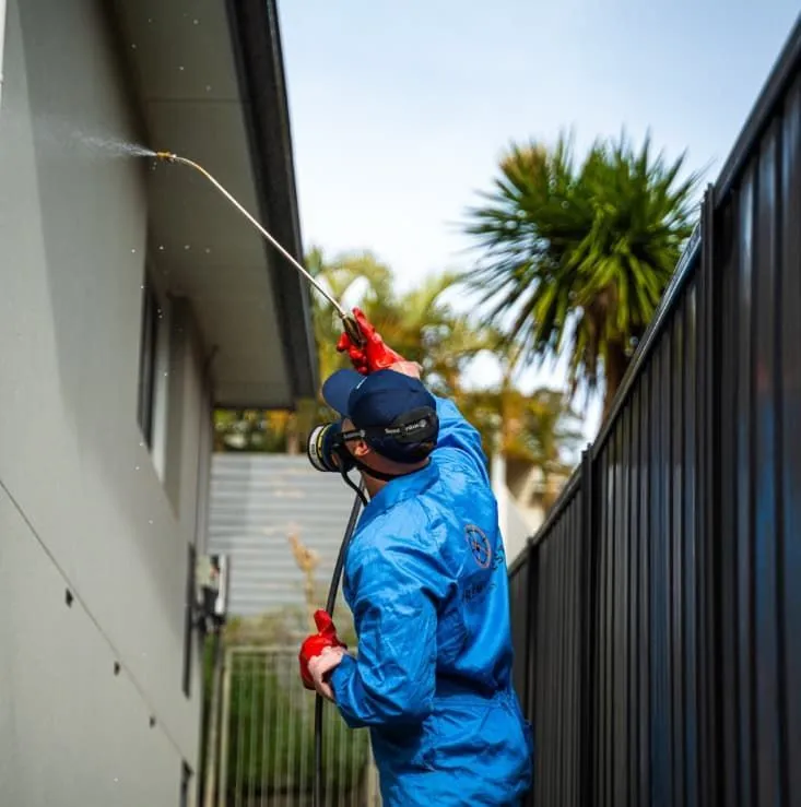 Premier Pest Control technician in blue PPE spraying the exterior of a home